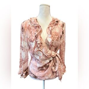 Dressbarn Collection Floral Ruffle Wrap Blouse Size 10 Pink Tie Front Top NWT